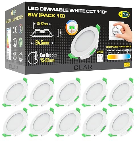 CLAR - Einbaustrahler LED, Deckenstrahler, LED Einbaustrahler 230V, Deckenspots, Spots Dekenleuchte, Badbeleuchtung, Deckenleuchte Dimmbar, Einbauleuchten White 6W CCT (Pack 10)