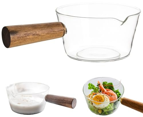 Milk Pot, 600ml Clear Glass Saucepan with Wooden Handle & Spout, Nonstick Simmer Pot for Noodles, Pasta, Soup, Milk and Baby Food