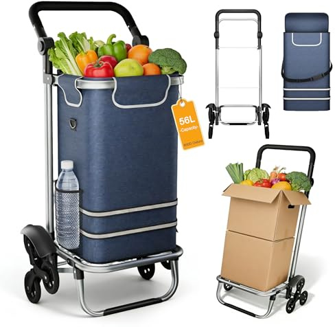 Suusolny 3in1 Klappbarer Einkaufstrolley 56L | Einkaufsroller mit Umhängetasche & Sackkarre | Einkaufswagen Blau 3-Rad