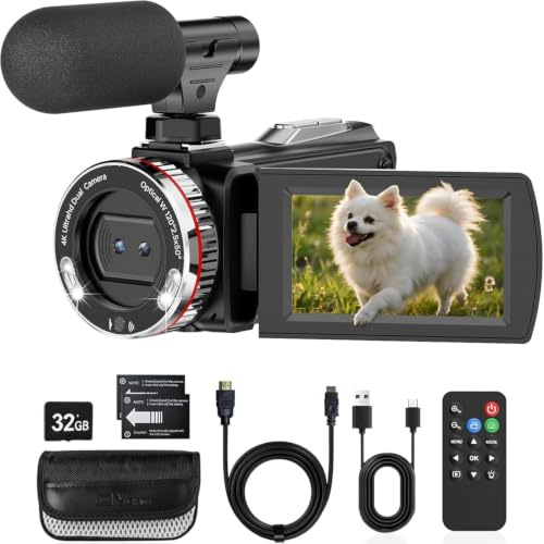 Caupureye Videokamera 4K Camcorder 48MP 21X Digitalzoom 3.0''270°Drehbarer Screen Vlogging Kamera für YouTube, Video Kamera mit HDMI-Kabel, Externes Mikrofon, Fernbedienung, 32 GB Karte, 2 Batterien