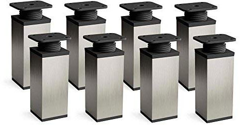 Sossai Pieds de Meuble Design MFV1 – Lot de 8 éléments réglables en Hauteur, Finition INOX Aspect Acier Inoxydable, H 100 mm, Profil à Quatre côtés, pour Armoire, Commode