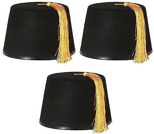 3 x Fez-Mütze, schwarz, Kostüm-Accessoire, Kappe, schwarz mit goldfarbenen Quasten, Unisex, Filzhut für Herren und Damen