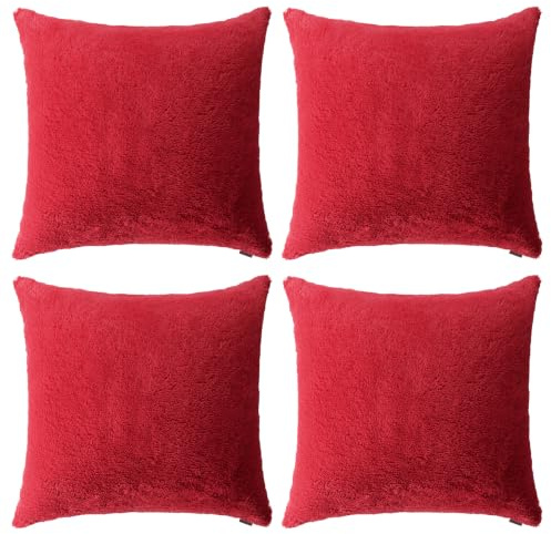 Thmyo 4-Pack Super Soft Fluffy Faux Fur Cushion Covers 45x45 cm Red | Comfortable Plush Square Throw Pillow Cases Decorative Pillowcases for Sofa Bed Couch Living Room Home Decoration