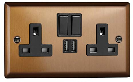 Varilight 2-Gang 13A Single Pole Switched Socket + 2x5V DC 2100mA USB Charging Ports Brushed Bronze