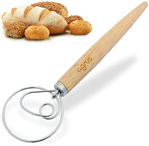 AGRUS Danish Dough Whisk - Bread Making Tool - Danish Dough Hook - Large Stainless Steel Swedish Whisk with Wooden Handle