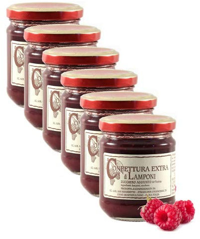 Mermelada extra de frambuesa San Benedetto - Producto artesanal italiano (6 contenedores 210 gramos)
