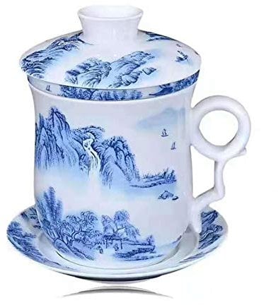 WEITY Teetasse Mit Deckel Und Sieb Set,Chinesische Landschaft, Aus Chinesischem Porzellan, Persönliche Teetasse, 320 Ml Blau