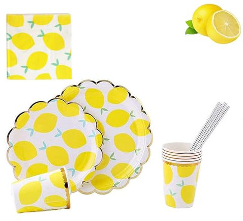 MaitianGuyou Service de table sur le thème du citron,fournitures de fête de fruits,comprend assiettes,tasses,serviettes,Convient pour les fêtes d'anniversaire,les réunions d'amis,pour 20 invités