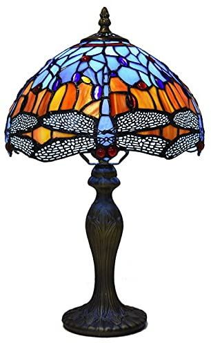 Auroh Tiffany Table lamp, 10 inch Blue and Amber Dragonfly Stained Glass | Hand-cut leaded glass shade, 42cm tall, weighted resin base, one E27 bulb up to 40W not included, toggle switch