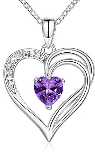 AM ANNIS MUNN 925 Sterling Silber Kette Herz Halskette Damen Geburtsstein Halskette für Frauen Doppelherz Kette Silber Schmuck Damen Geschenke für Frauen Mama Freundin (02-Amethyst)