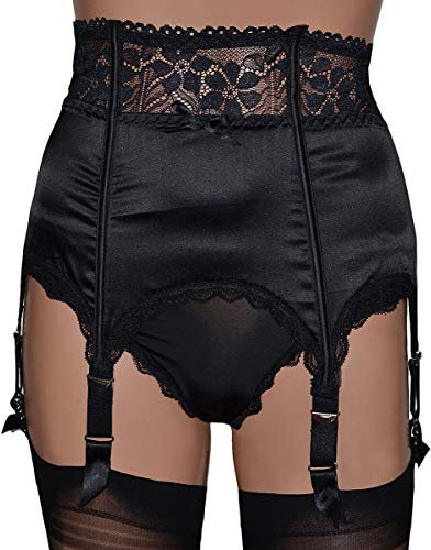 Reggicalze a 6 cinghie in raso e pizzo disponibile in nero, oro e bianco, Nero , S