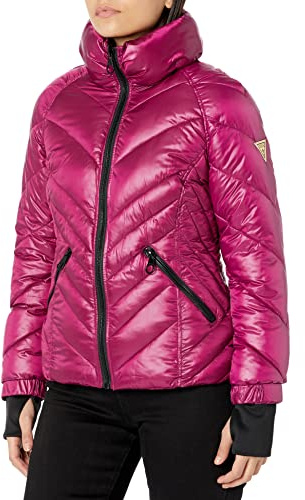 GUESS Damen Puffer with Storm Cuffs– Quilted, Transitional Jacket Übergangsjacke, Magenta, L