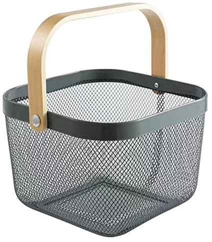 HOJKMA Netz Stahl Lagerung Aufbewahrungskorb mit Holz Henkel, Multifunktionaler Metalldraht Hängende Küchenkörbe Obstkorb Ideal für Küche, Bad, Speisekammer, Schrankhaus, Einkaufen, Grau