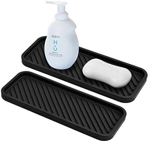 Chstarina 2pcs Silicone Sponge Holder 9 * 23cm Non-Slip Sink Organiser Tray for Kitchen Food Grade Drying Board Mat for Drip Dish Sponge Soap Dispenser Scrubber (Black)