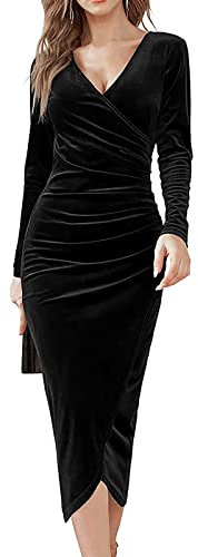 Jurebecia Women Bodycon Dress Wedding Guest Dresses for Women Cocktail Dress Long Sleeve Velvet Elegant Dresses for Special Occasions Ruched Cocktail Party Midi Wrap Dresses Black L