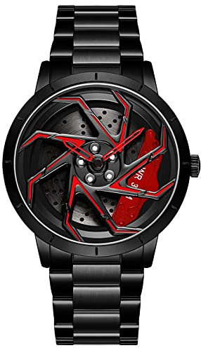 Herren Uhr Kreativ Armbanduhren,Autorad Felgennabenuhr,Auto Rad Felgen Nabe Uhr, Männer Sport Wasserdicht Custom Design Armbanduhr,3D Auto Rad Felge Nabe Quarz Herrenuhr (D-StahlbandSchwarz+rot)