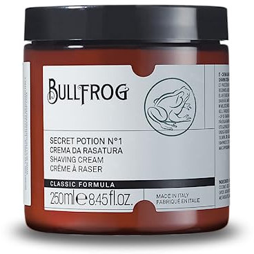 Bullfrog Rasiercreme Secret Potion N.1 Classic“ 250 ml – macht den Bart weich – hinterlässt die Haut frisch und glatt – holzige, aromatische und bernsteinfarbene Noten, hergestellt in Italien