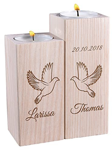 polar-effekt Personalisierte Kerzenständer 2er-Set aus Holz mit Gravur - Motiv: Tauben - mit Namen - Geschenk für Hochzeit, Jahrestag - Dekoidee, Deko - massives Naturprodukt - Liebespaar, Ehepaar