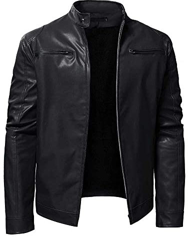 YUDATPG Giacca da uomo in pelle sintetica PU bomber moto slim fit soft touch classico colletto casual con cerniera cappotto spesso caldo antivento giacca a vento termica peluche, Nero , M