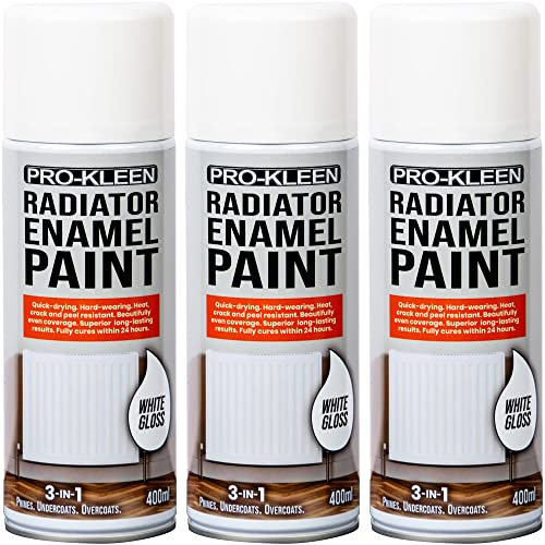 Pro-Kleen Radiator Enamel Spray Paint White Gloss 3 x 400ml - Heat Resistant up to 100ºC - For Radiators, Hot Pipes, Water Tanks & More - Fast Drying & No Primer Needed
