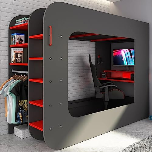 Family Window Trasman Gaming PodBed Solo High Sleeper Kids & Adults Single Bed Frames with Desk Left Or Right Ladder Placement Design Solid Cascina Wood Bedframe, Open Wardrobe (Grey - with sofa bed)