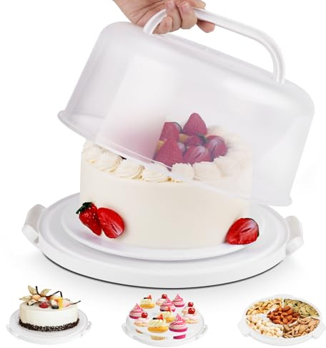Cake Carrier with Lid and Handle, BPA-Free Cake Containers Cake Stand for 10 inch Cake with 2 Handles Cupcake Carrier - Plastic Cover Two Sided Base for Transport Pie Nuts Fruit Perfect Gifts