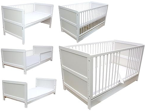 Micoland Kinderbett Juniorbett Beistellbett Babybett 3in1 weiß mit Matratze und Schublade