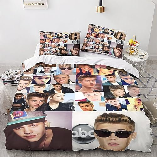 Justin Bieber Bettbezug Set Bettwäschegarnitur Mädchen Junge Kinder 3D Gedruckter Weich Microfaser Und Kissenbezüge Reissverschluss Bettwäsche 3 Teilig Double（200x200cm）