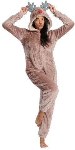 Loungeable Damen Jumpsuit Langer Overall Einteiler Reindeer 798063 Rentier Tier-Kostüm S