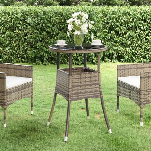 AUVYI Gartentisch Ø60x75 cm Hartglas und Poly Rattan Grau Bierpong Tische Beistelltisch Klein Dining Table Pokertisch Campingtisch Buffettisch Küchentisch Biertisch Multifunktionstisch