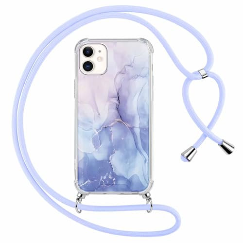 ZhuoFan Handykette für iPhone 11 Hülle mit Band, Transparent Aesthetic Marmor Muster Handyhülle mit Kordel zum umhängen Necklace Case Silikon TPU + PC Stoßfest Schutzhülle, Blau
