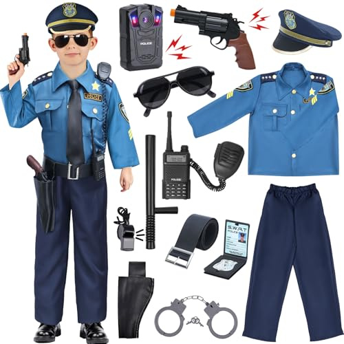 G.C Polizei Kostüm Kinder mit Mütze Gürtel Polizei Ausrüstung Recorder Handschellen Sonnenbrille Walkie Talkie Polizei Spielzeug Halloween Karneval Kostüm für Jungen