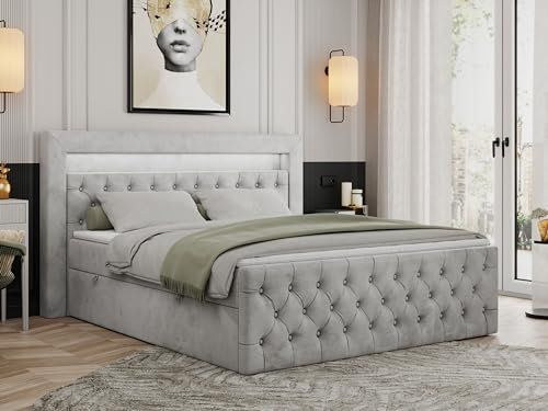 MKS MEBLE Boxspringbett 200x200 mit Led Grau Samt, Bett Polsterbett 200x200 mit LED Kopfteil, Multipocket Matratze H4, Doppelbett mit Bettkasten Stauraumbett - Gold-9 - Hellgrau Velvet