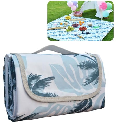 Mecmbj picknickdecke wasserdicht, picknickdecke isoliert, 200x150cm sanddichte Stranddecke mit Griff, Faltbare Campingdecke, tragbare Outdoor Stranddecke für Strand, Camping, Park, Reisen (hellblau)