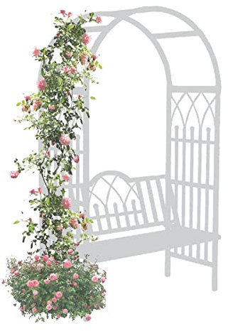 Gartenbogen mit Sitz für 2 Personen, Metalllaube, Spalier, Laube, Torbogen mit Bank zum Klettern, Gärtnern, Garten, Rasen, Hinterhof, Terrasse (Farbe: Weiß)