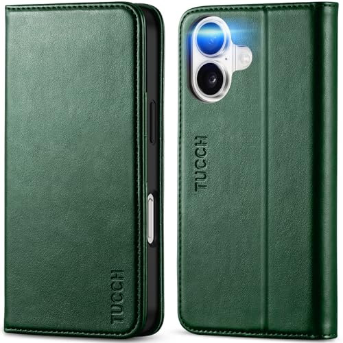 TUCCH Wallet Case for iPhone 16 (6.1) 2024 5G, PU Leather Foldable Case with[RFID Blocking][Shockproof TPU][Viewing Stand] Card Holders, Flip Folio Stand Cover Compatible with iPhone 16, Dark Green