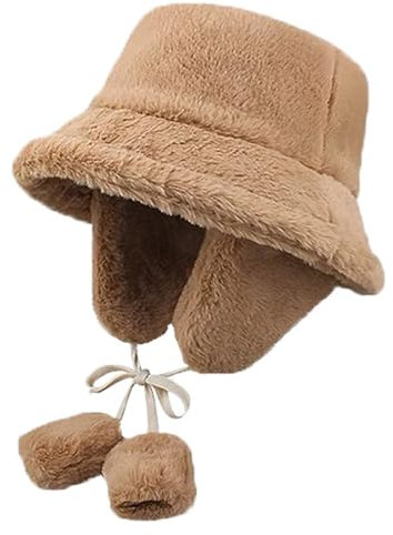 JFAN Fischerhut Damen Winter Plüsch Bucket Hat Fluffy Weiche Wärmer Eimer Hut für Mädchen Khaki