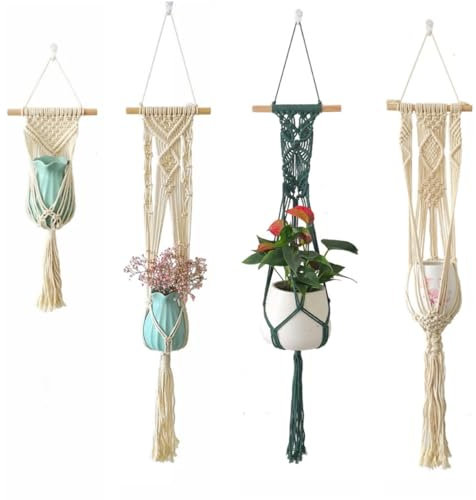 janeunique 4 pièces Suspension Plante Macrame Support Pots pour Fleur, Pot Suspendu pour Intérieur Extérieur Deco Boheme, Jardin, Balcon, Patio, Fenêtre