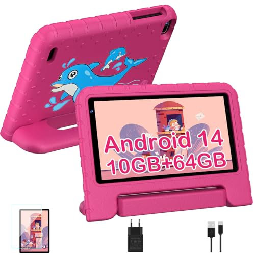 Biegedy Tablette pour Enfant 7 Pouces Android 14 Tablette Enfants avec 10GB+64GB(TF 1TB),Kids Tablette Tactile Octa-Core,Éducative Apps Pré-Installé,Contrôle Parental, WiFi 6, BT5.0,Cas EVA - Rose