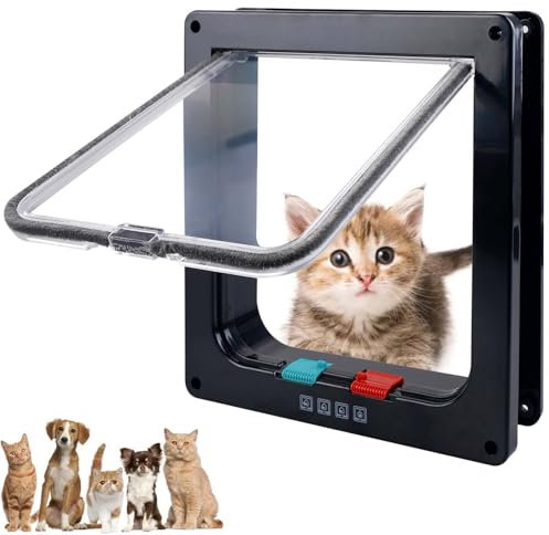 Sportello per gatti a 4 vie, chiusura (25 × 23,5 × 5,5 cm), resistente alle intemperie, per interni ed esterni, con zanzariera per porta, porta in legno, parete/finestra, colore nero