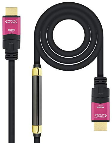 Cavo HDMI 2.0 di alta qualità, supporta 4K a 60Hz e include un ripetitore per preservare il segnale fino a 25 metri. Ha un design nero e connettori tipo A maschio su entrambe le estremità, perfetto