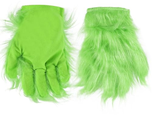 Grüne Pelzige Monsterhandschuhe, Lustige Grüne Halloween-Weihnachtshandschuhe Pelzige Weihnachtsmann-Handschuhe Cosplay-Kostümzubehör für Erwachsene Und Kinder