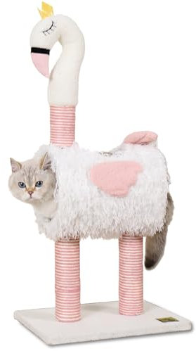 Arbre à chat en forme de flamant rose mignon pour chat d'intérieur, tissu en peluche douce et sisal naturel, tour d'escalade pour chat avec boule pendante – Jouet interactif pour chatons et petits