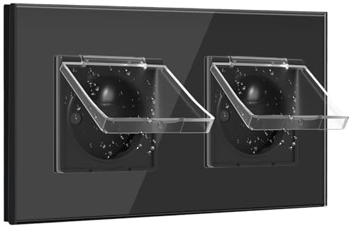 BSEED Prise Electrique 16A, Double Prise avec Couvercle Étanche 2 Gang, Prise Murale avec Capot de Protection 157mm Noir, Prise Femelle