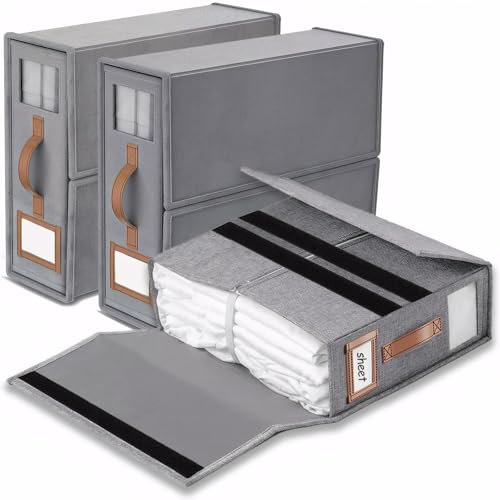 SwartLife Leinen bettwäsche organizer box | 3 aufbewahrungsbox bettwäsche, atmungsaktiv mit Transparentem Fenster & Etikett für Bettwäsche, Decken & Handtücher- Grau