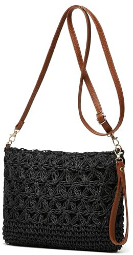 EMGILL Stroh-Strandtaschen für Damen, Rattan-Geldbörsen, Sommer, Stroh, handgewebt, Tasche, Bast, Handtasche, Umhängetasche, quadratische Tasche, Schwarz2