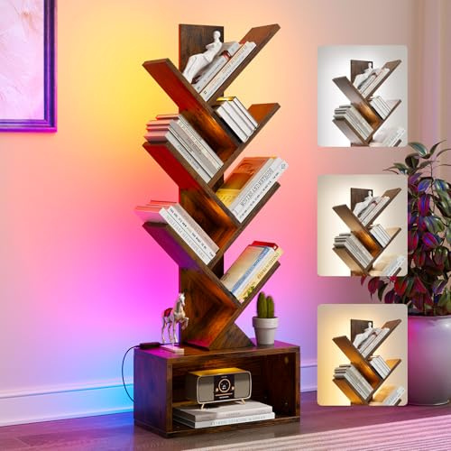 Evermagin Bücherregal mit 6 Etagen, Baum mit LED-Licht, Bücherregal, rustikales Braun