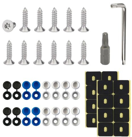 THXFUNAREA Car License Plate Screws Kit with Anti-Theft Screws, M5 Stainless Steel Car License Plate Screws and Caps Set, Includes Black White Blue Plastic Hinges Caps for Car Motorcycle Truck License