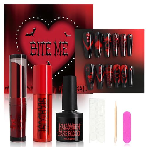 Kit Maquillage Halloween, Makeup Halloween, Maquillage Visage Halloween con Fard a Paupiere Paillette, Rouge a Levre Pailleté, Faux Ongle Halloween, Faux Sang Lavable, Kit de Maquillage Tout-en-un