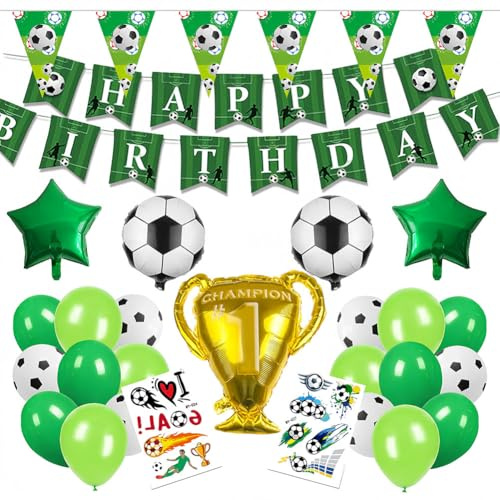 Fußball Luftballon Geburtstag Deko, Grün Football Geburtstagsdeko Banner, Fußball Folienballon Champion Trophäe Ballon Soccer Stickers Set für Jungen Kindergeburtstag Party (set)